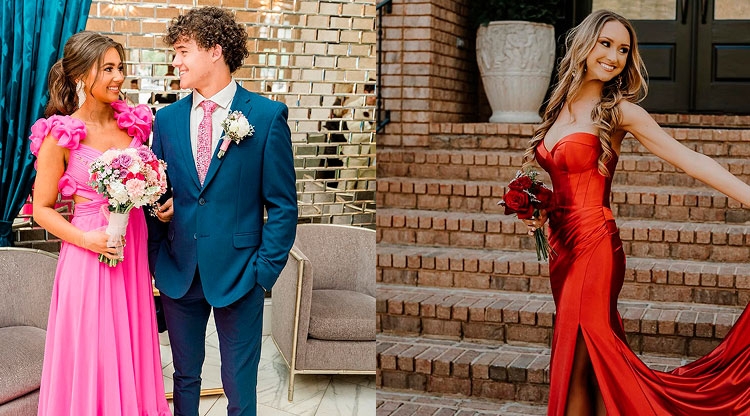 Сouple wearing a pink gown and a blue suit. Mobile image